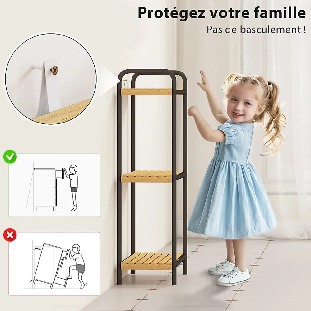 Homcom Étagère salle de bain bambou verni 3 niveaux autoportante cadre acier noir