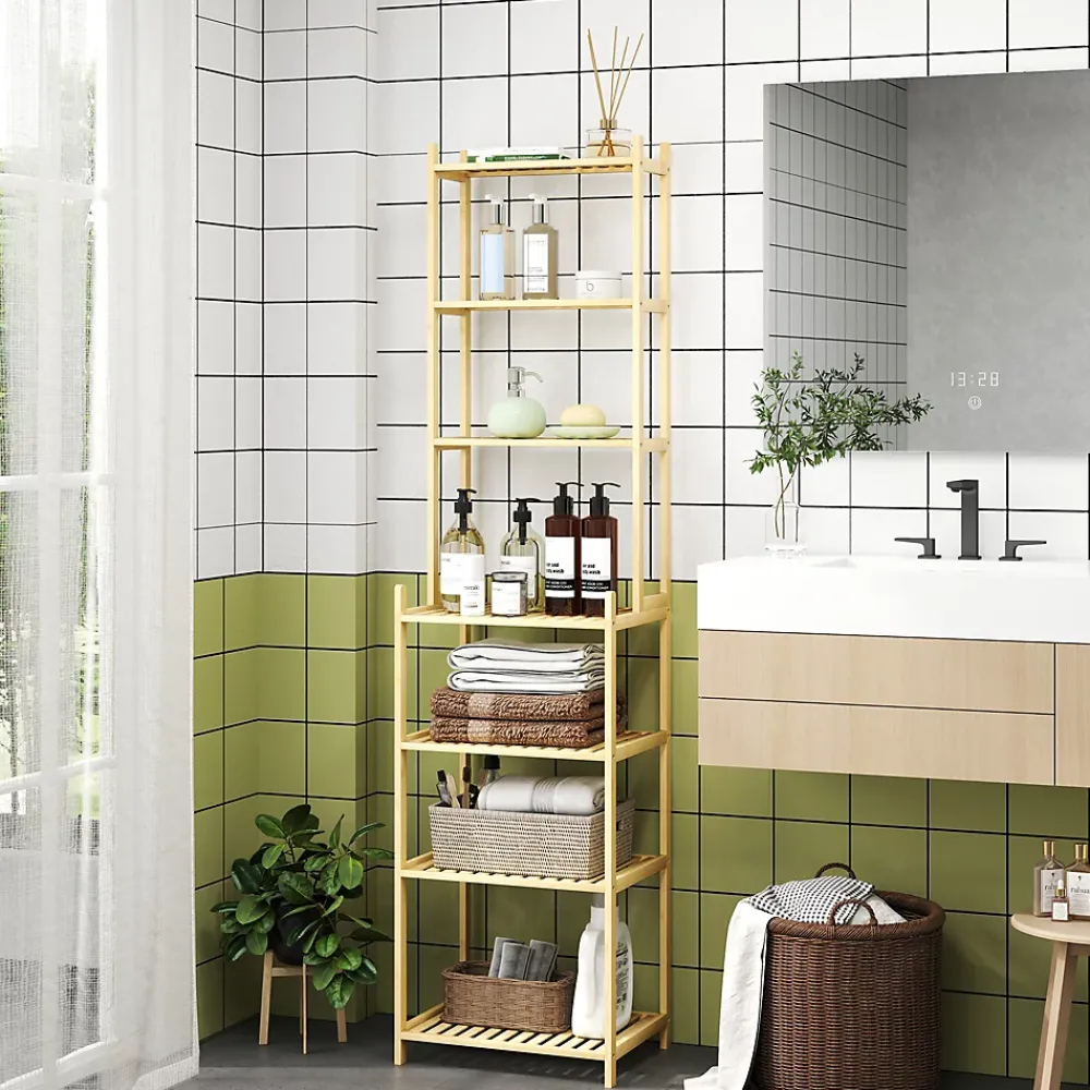 Homcom Étagère salle de bain bois bambou verni 7 niveaux étagères à lattes dim. 44 x 33 x 180 cm