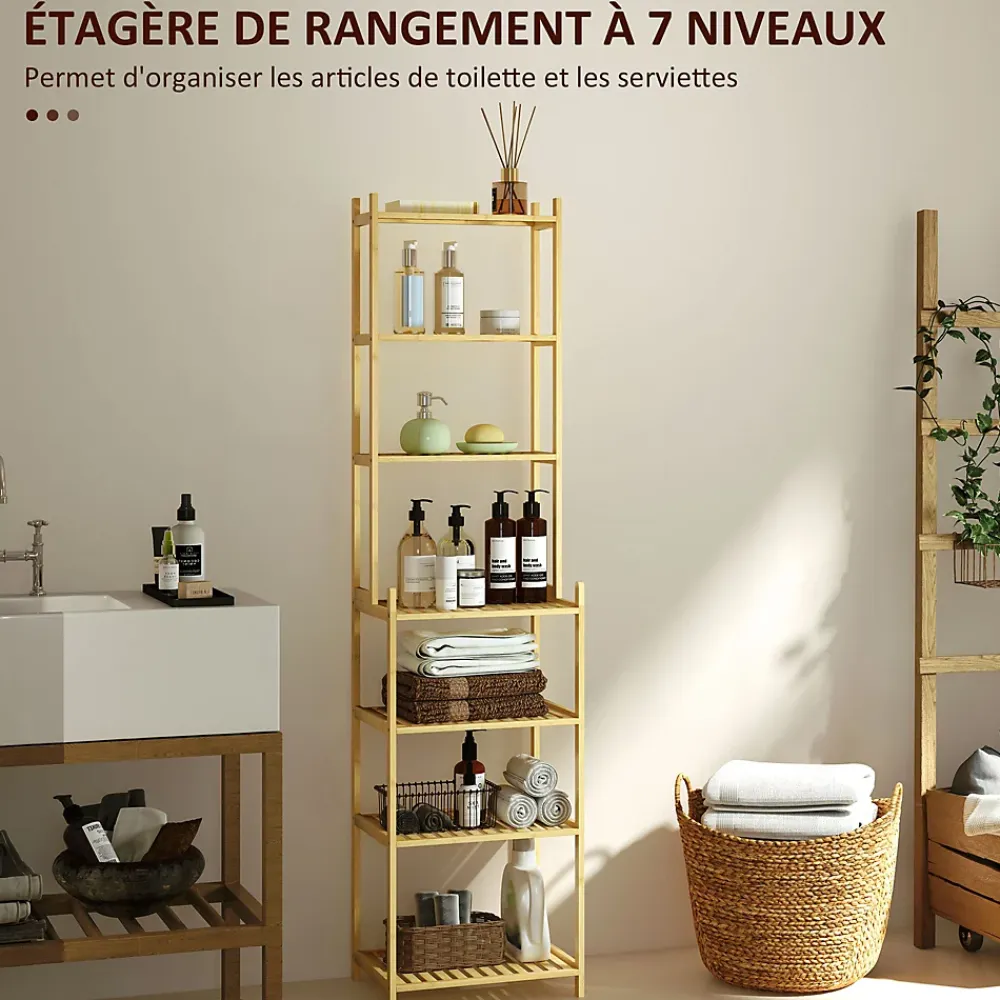 Homcom Étagère salle de bain bois bambou verni 7 niveaux étagères à lattes dim. 44 x 33 x 180 cm