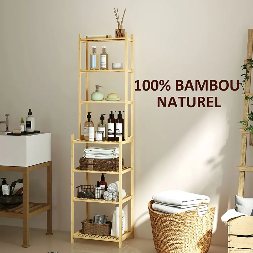 Homcom Étagère salle de bain bois bambou verni 7 niveaux étagères à lattes dim. 44 x 33 x 180 cm