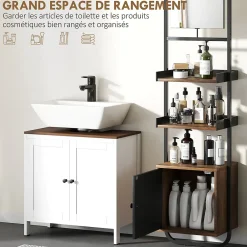 Armoire De Toilette|Homcom Étagère salle de bain design vintage avec miroir - porte, 2 étagères - 40 x 30 x 179 cm - métal noir effet bois