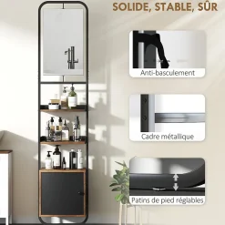 Armoire De Toilette|Homcom Étagère salle de bain design vintage avec miroir - porte, 2 étagères - 40 x 30 x 179 cm - métal noir effet bois