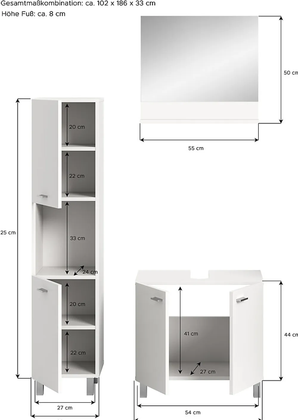 Meuble Sous Lavabo|Chb Collection Tambo - Ensemble de 3 meubles de salle de bains (L/H/P : 102x186x33 cm) en mélaminé blanc, vasque non incluse