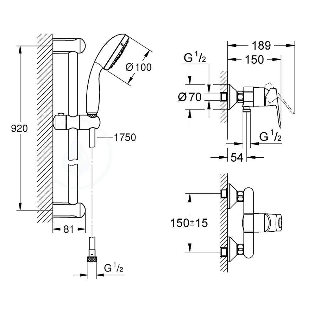 Grohe Tempesta 100 ensemble de douche complet 3 jets + mitigeur monocommande douche, clapet anti-retour, chrome (23354000-28789002)