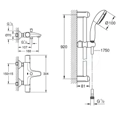 Robinet De Baignoire|Grohe Tempesta 100 ensemble de douche complet 3 jets + mitigeur thermostatique bain/douche 1/2", chrome (34598000-28789002)