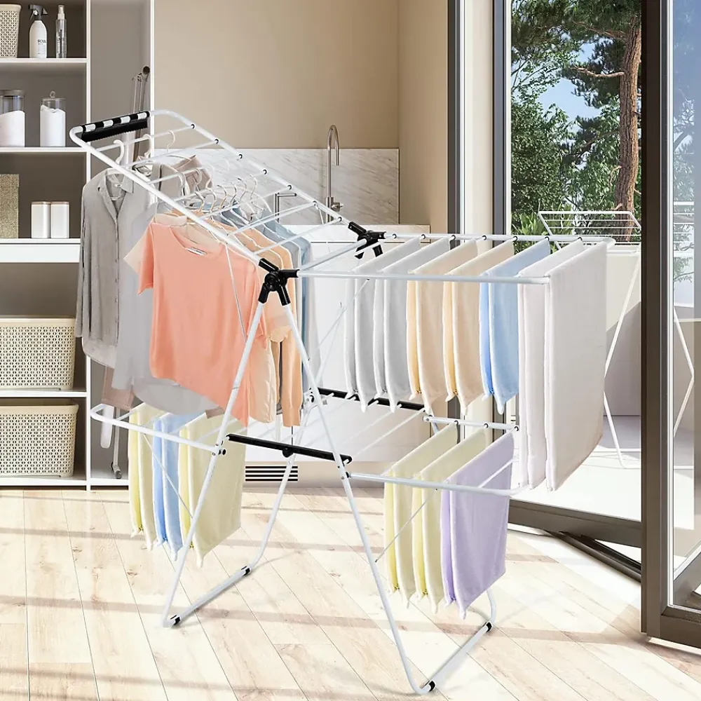 Giantex étendoir à Linge à 2 Niveaux,avec Barre de Support Réglable,26 Pinces,Cintre à Linge Pliable,Gain de Place et Collapsible