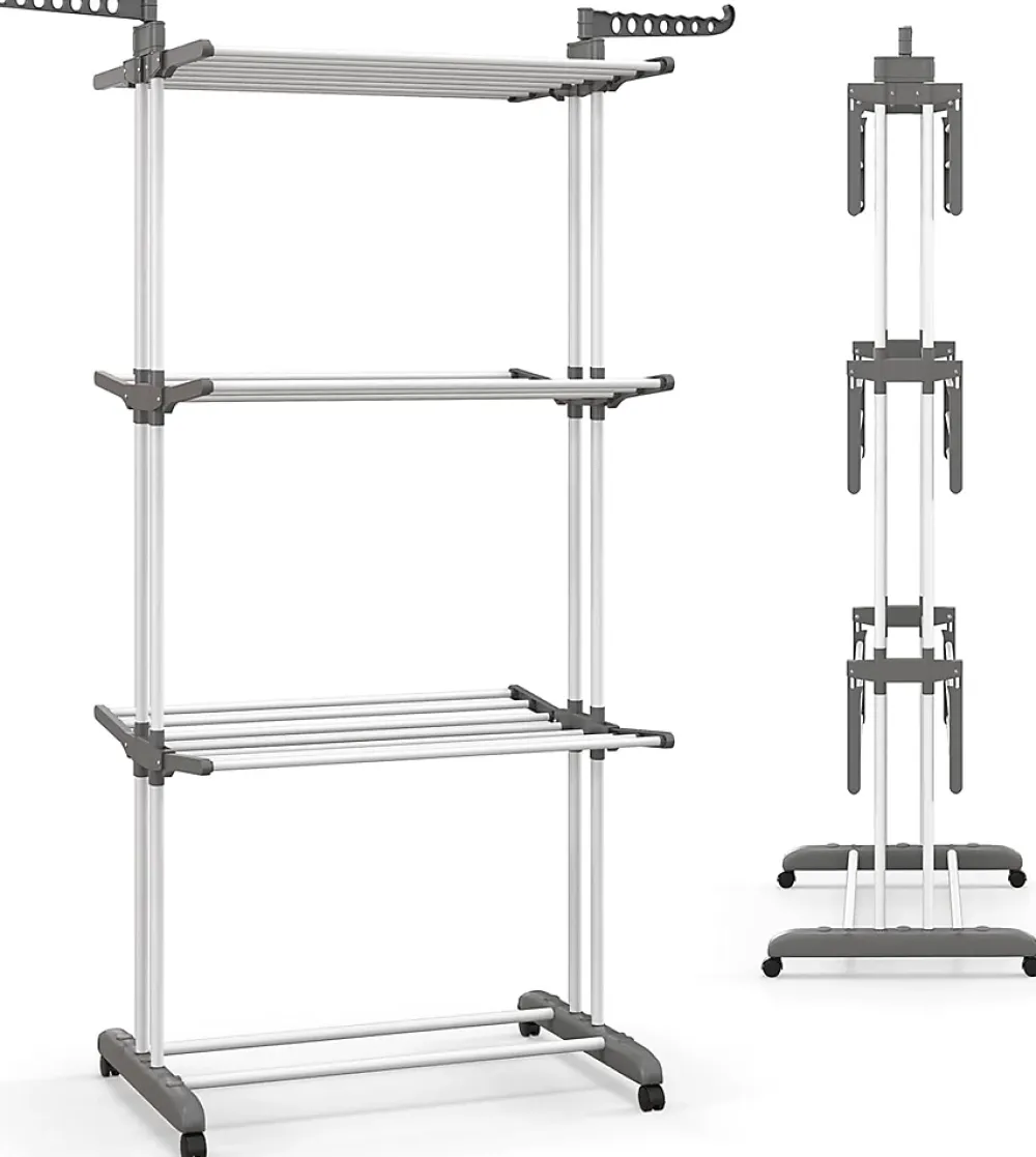 Etendoir À Linge|Giantex étendoir à Linge 4 Niveaux Support Pliable avec 3 Plateaux Rétractables 1 étagère à Chaussures Inférieure