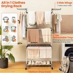 Etendoir À Linge|Giantex étendoir à Linge 4 Niveaux Support Pliable avec 3 Plateaux Rétractables 1 étagère à Chaussures Inférieure