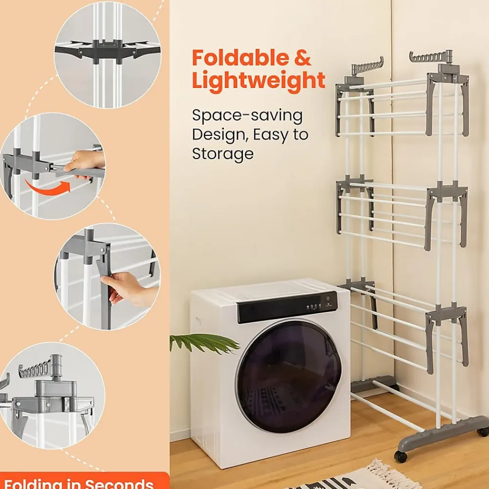 Etendoir À Linge|Giantex étendoir à Linge 4 Niveaux Support Pliable avec 3 Plateaux Rétractables 1 étagère à Chaussures Inférieure