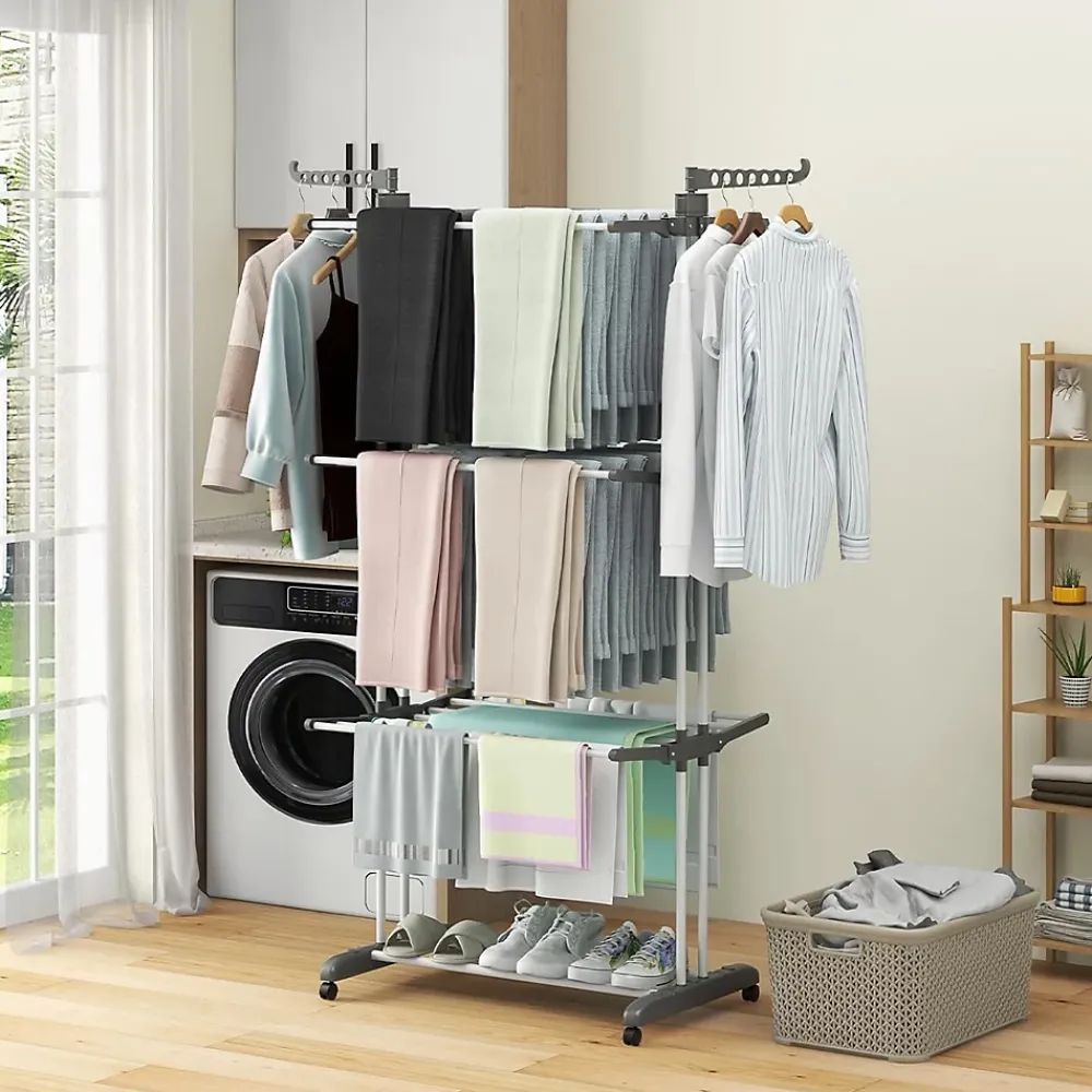 Etendoir À Linge|Giantex étendoir à Linge 4 Niveaux Support Pliable avec 3 Plateaux Rétractables 1 étagère à Chaussures Inférieure