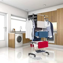 Etendoir À Linge|Kitchen Move Étendoir à linge multifonction sur roulettes grande capacité 25 m d'étendage, 3 niveaux et 2 portes-cintres, noir et inox, Ultima