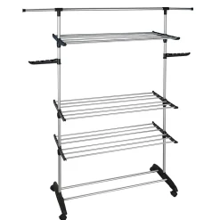 Etendoir À Linge|Kitchen Move Étendoir à linge multifonction sur roulettes grande capacité 25 m d'étendage, 3 niveaux et 2 portes-cintres, noir et inox, Ultima