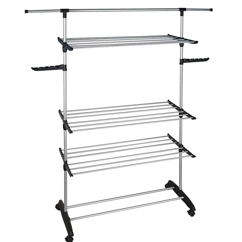 Etendoir À Linge|Kitchen Move Étendoir à linge multifonction sur roulettes grande capacité 25 m d'étendage, 3 niveaux et 2 portes-cintres, noir et inox, Ultima