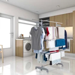 Kitchen Move Étendoir à linge multifonction sur roulettes 30 m d'étendage, 30 accessoires, 4 niveaux et 2 portes-cintres, gris et inox, Access
