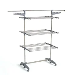 Kitchen Move Étendoir à linge multifonction sur roulettes grande capacité 25 m 3 niveaux et 2 portes-cintres, gris et inox, Extra Plus
