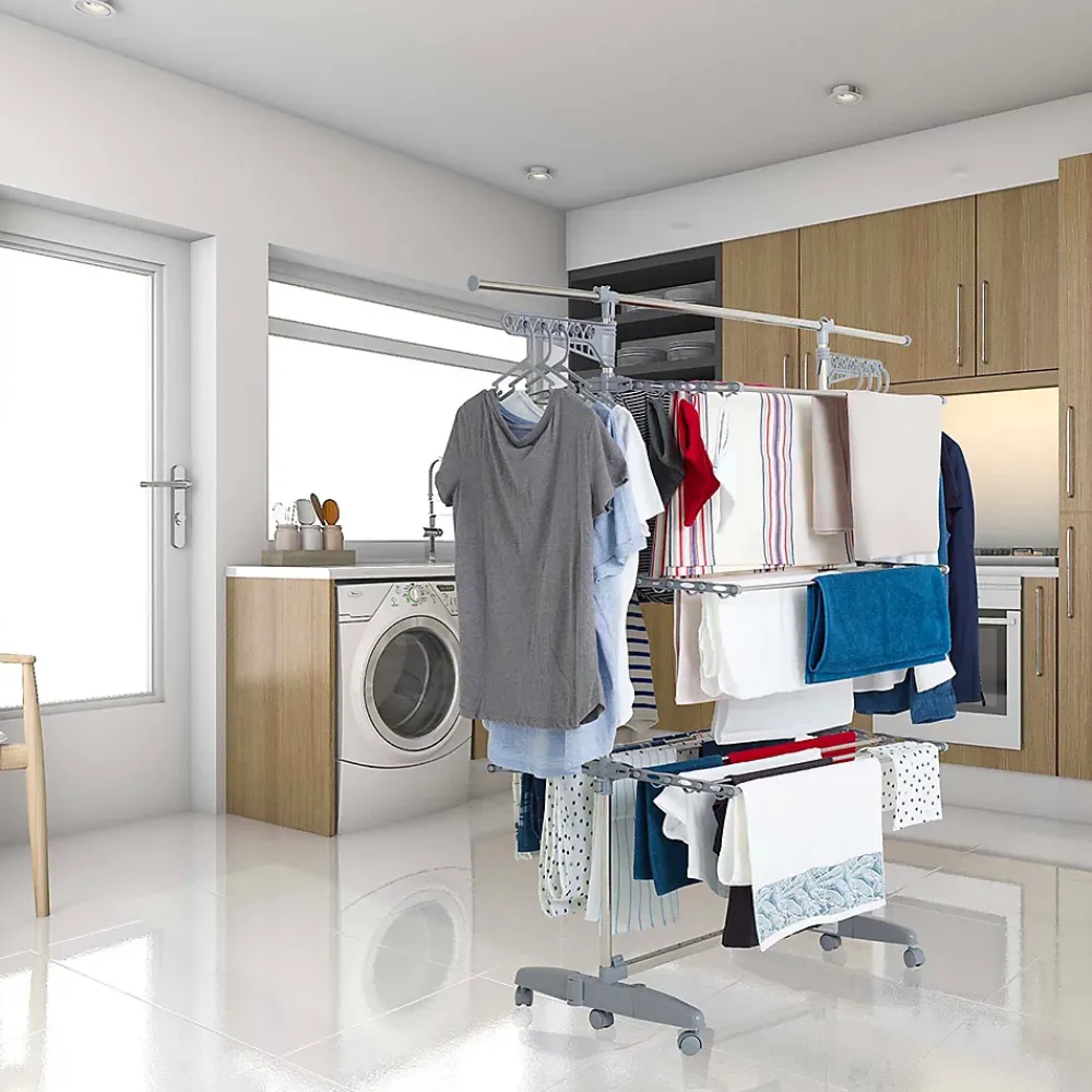 Kitchen Move Étendoir à linge multifonction sur roulettes grande capacité 25 m 3 niveaux et 2 portes-cintres, gris et inox, Extra Plus