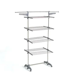 Etendoir À Linge|Kitchen Move Étendoir à linge multifonction sur roulettes grande capacité 30 m d'étendage, 4 niveaux et 2 portes-cintres, gris et inox, Extra