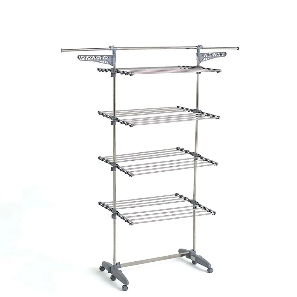 Etendoir À Linge|Kitchen Move Étendoir à linge multifonction sur roulettes grande capacité 30 m d'étendage, 4 niveaux et 2 portes-cintres, gris et inox, Extra