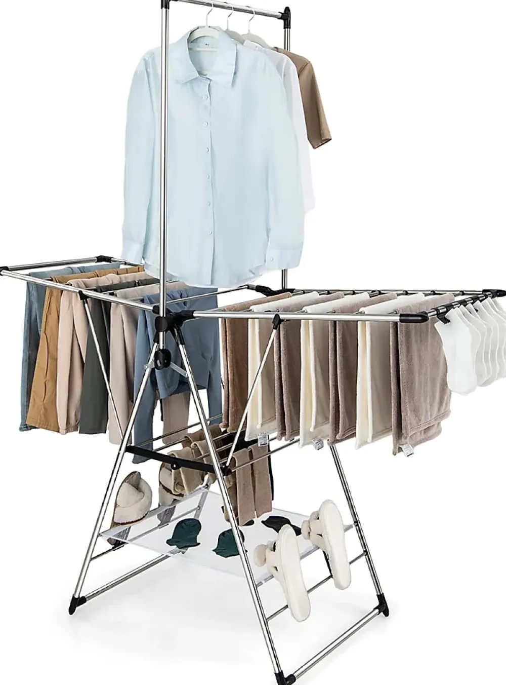 Giantex Étendoir à Linge Pliable à 6 Niveaux Réglable en Hauteur avec Cintres Suspendus en Hauteur et Clips Latéraux Séchoir à Ailes
