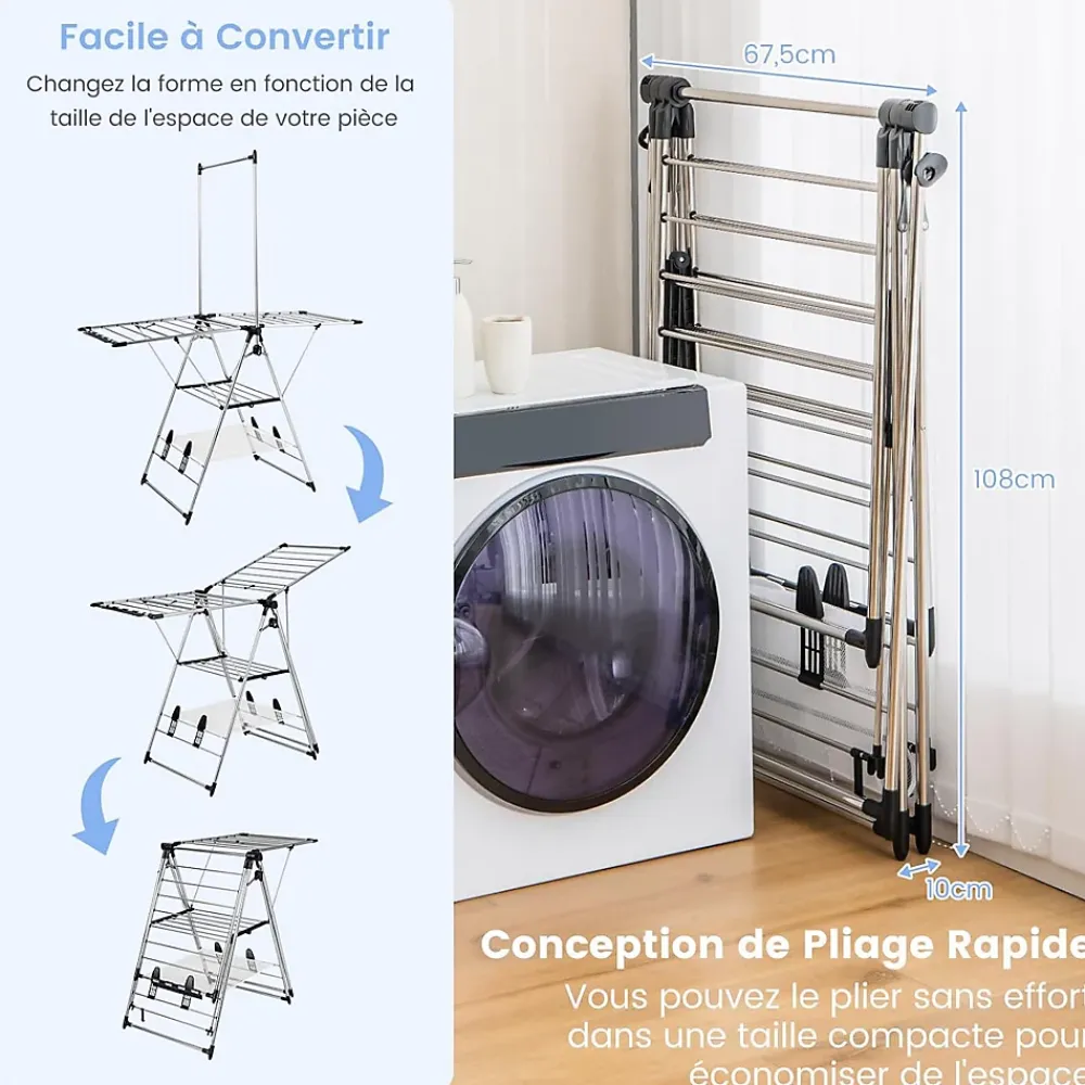 Giantex Étendoir à Linge Pliable à 6 Niveaux Réglable en Hauteur avec Cintres Suspendus en Hauteur et Clips Latéraux Séchoir à Ailes