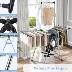 Giantex Étendoir à Linge Pliable à 6 Niveaux Réglable en Hauteur avec Cintres Suspendus en Hauteur et Clips Latéraux Séchoir à Ailes