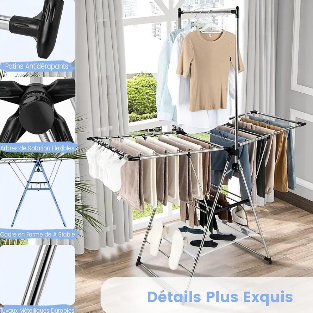 Giantex Étendoir à Linge Pliable à 6 Niveaux Réglable en Hauteur avec Cintres Suspendus en Hauteur et Clips Latéraux Séchoir à Ailes