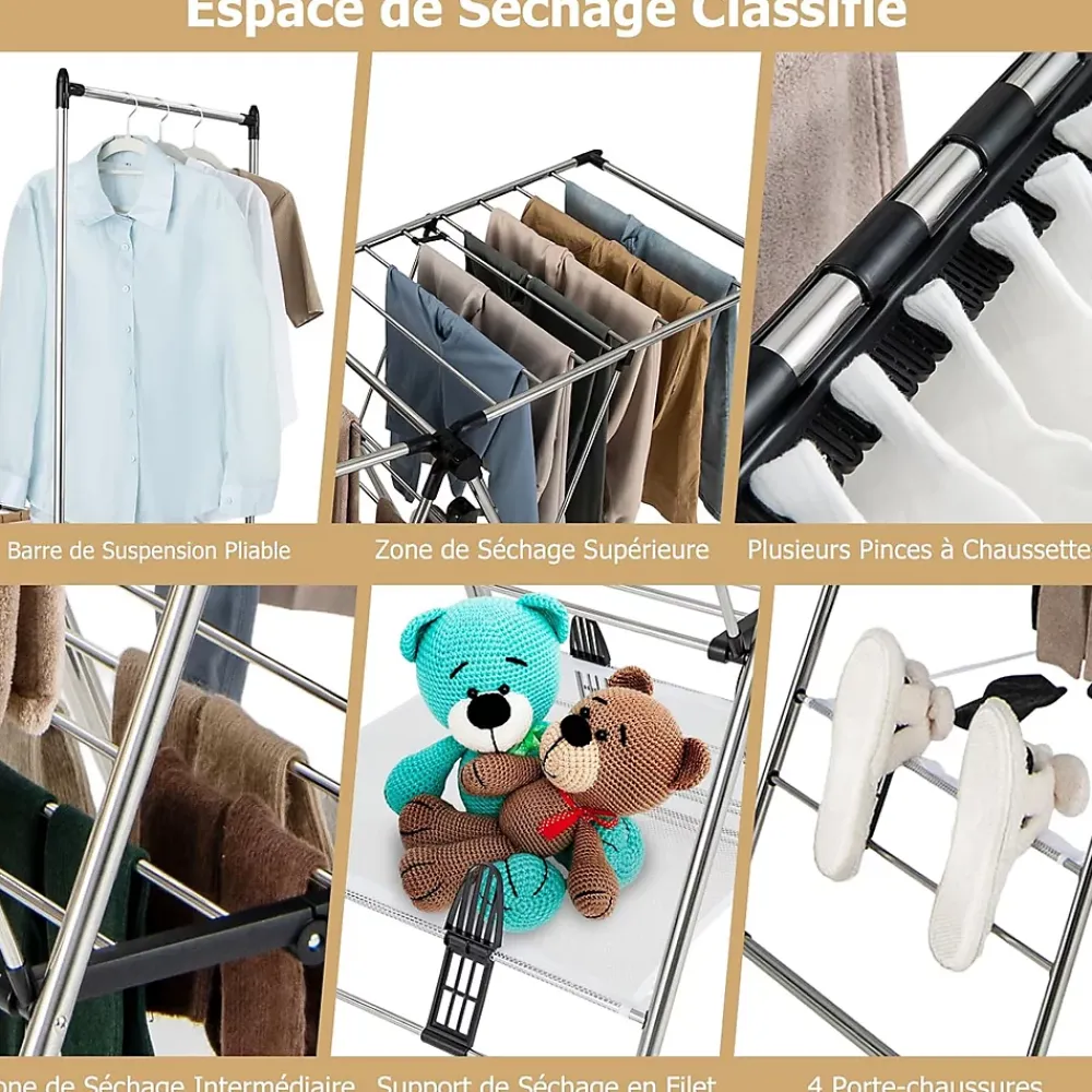Giantex Étendoir à Linge Pliable à 6 Niveaux Réglable en Hauteur avec Cintres Suspendus en Hauteur et Clips Latéraux Séchoir à Ailes