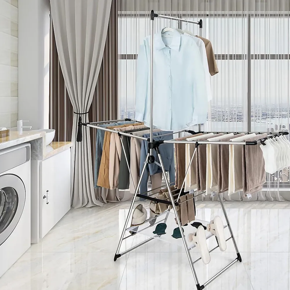 Giantex Étendoir à Linge Pliable à 6 Niveaux Réglable en Hauteur avec Cintres Suspendus en Hauteur et Clips Latéraux Séchoir à Ailes
