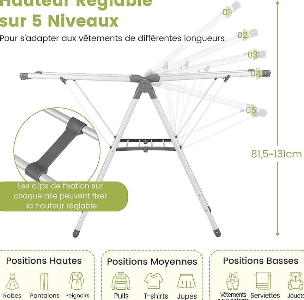 Giantex Étendoir à Linge Pliable à 2 Niveaux en Aluminium avec Ailes Réglables en Hauteur 21 Rails de Séchage 10 Pinces