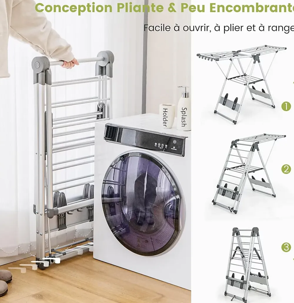 Giantex Étendoir à Linge Pliable à 2 Niveaux en Aluminium avec Ailes Réglables en Hauteur 21 Rails de Séchage 10 Pinces