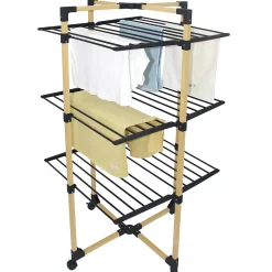 Kitchen Move Étendoir à linge pliable 30 m d'étendage sur 3 niveaux avec roulettes, acier noir et effet bois, Willis