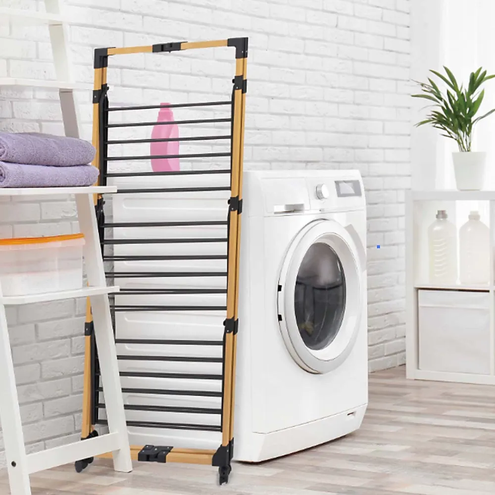 Kitchen Move Étendoir à linge pliable 30 m d'étendage sur 3 niveaux avec roulettes, acier noir et effet bois, Willis