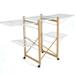 Etendoir À Linge|Kitchen Move Étendoir à linge pliable sur roulettes 32 m d'étendage 2 niveaux, aluminium effet bois et plastique blanc, Ushuaia