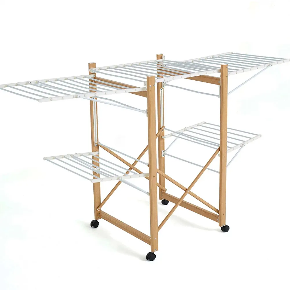 Etendoir À Linge|Kitchen Move Étendoir à linge pliable sur roulettes 32 m d'étendage 2 niveaux, aluminium effet bois et plastique blanc, Ushuaia