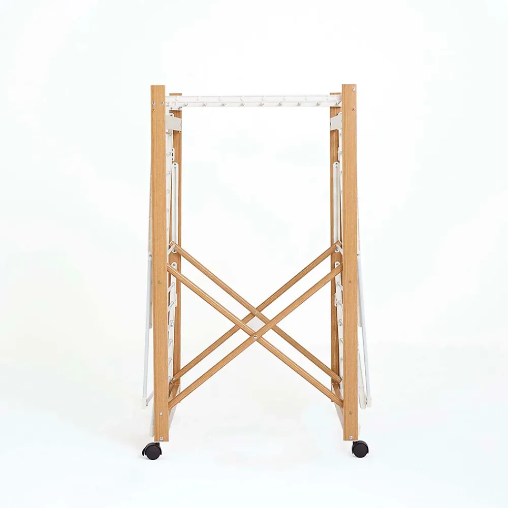 Etendoir À Linge|Kitchen Move Étendoir à linge pliable sur roulettes 32 m d'étendage 2 niveaux, aluminium effet bois et plastique blanc, Ushuaia