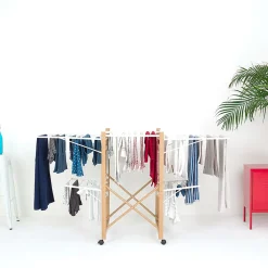 Etendoir À Linge|Kitchen Move Étendoir à linge pliable sur roulettes 32 m d'étendage 2 niveaux, aluminium effet bois et plastique blanc, Ushuaia