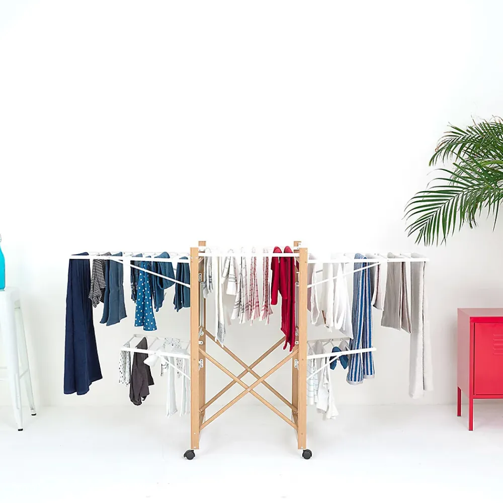 Etendoir À Linge|Kitchen Move Étendoir à linge pliable sur roulettes 32 m d'étendage 2 niveaux, aluminium effet bois et plastique blanc, Ushuaia