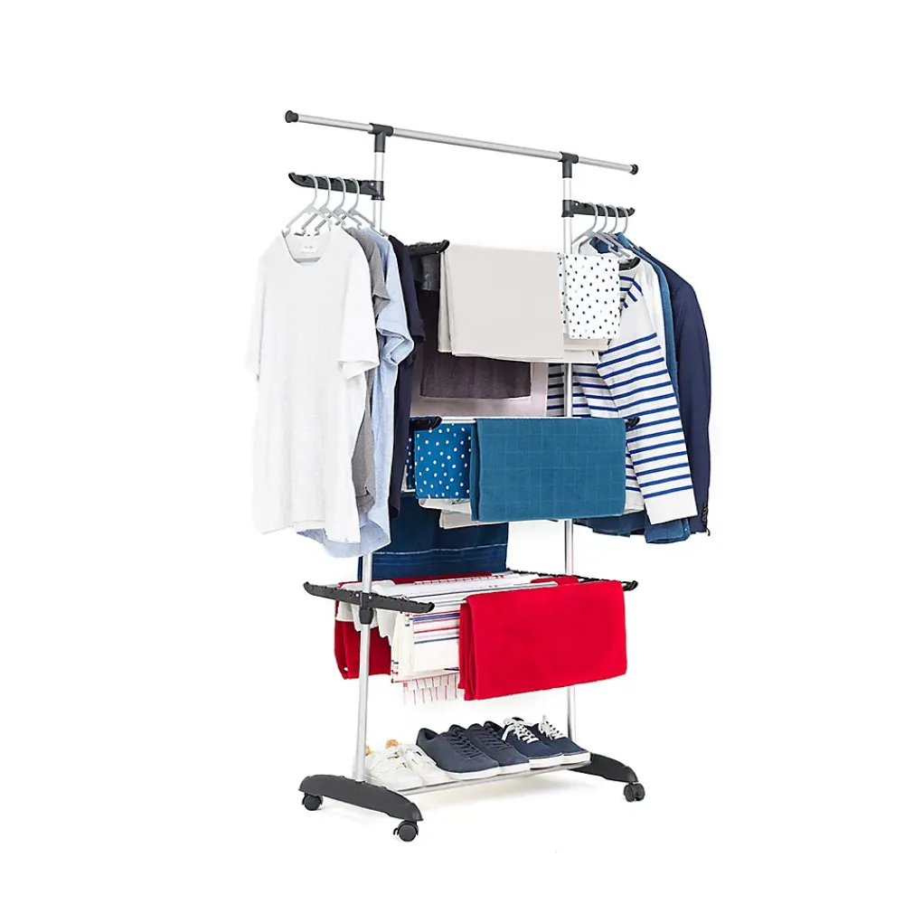 Etendoir À Linge|Kitchen Move Étendoir à linge sur roulettes multifonction grande capacité 18 m d'étendage, 3 niveaux et 2 portes-cintres, noir et inox, Ultima