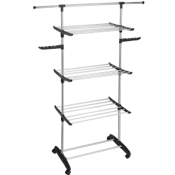 Etendoir À Linge|Kitchen Move Étendoir à linge sur roulettes multifonction grande capacité 18 m d'étendage, 3 niveaux et 2 portes-cintres, noir et inox, Ultima