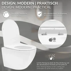 Luxebath Toilette suspendu céramique sans rebord court cuvette siège duroplast softclose