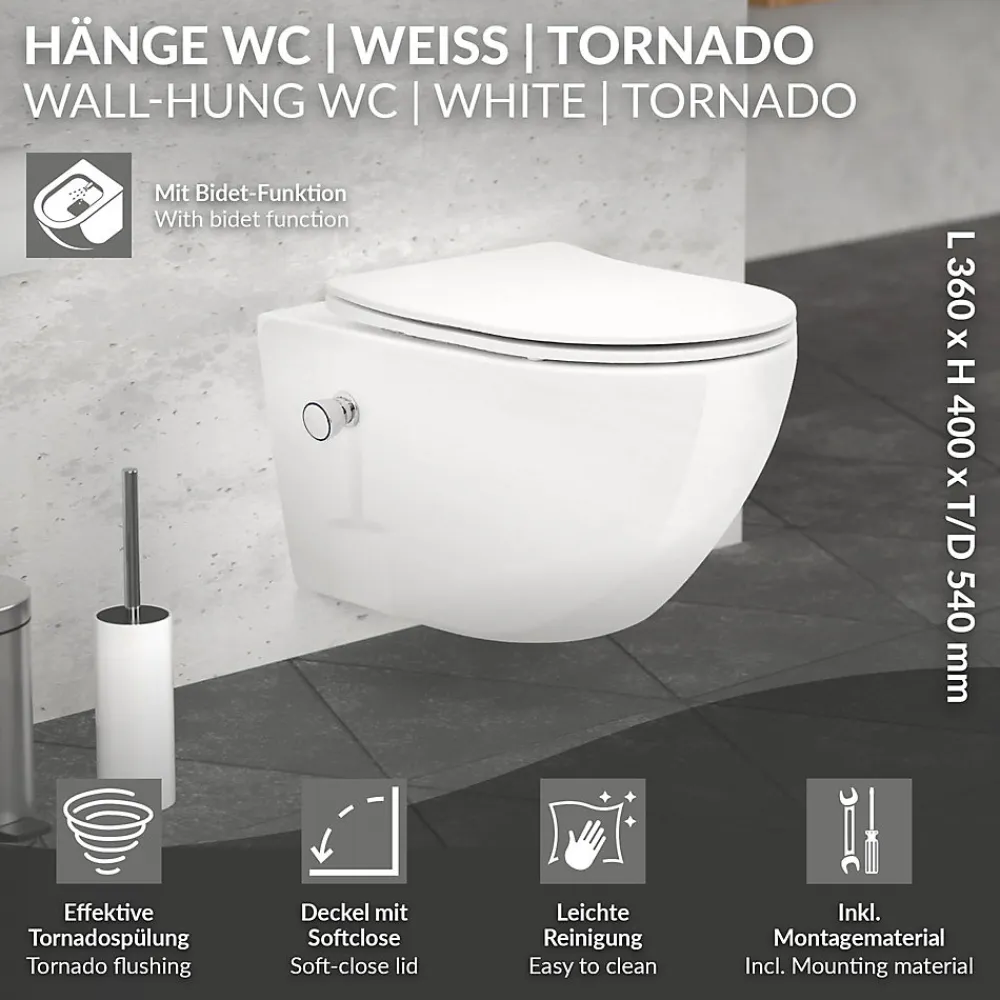 Wc Suspendu|Luxebath Toilette suspendu sans rebord blanc WC Soft Close fonction bidet salle de bain