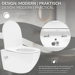 Wc Suspendu|Luxebath Toilette suspendu sans rebord blanc WC Soft Close fonction bidet salle de bain