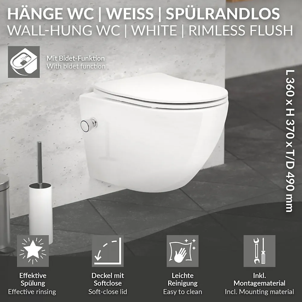 Luxebath Toilette wc suspendu fonction bidet système de rinçage sans bord en céramique
