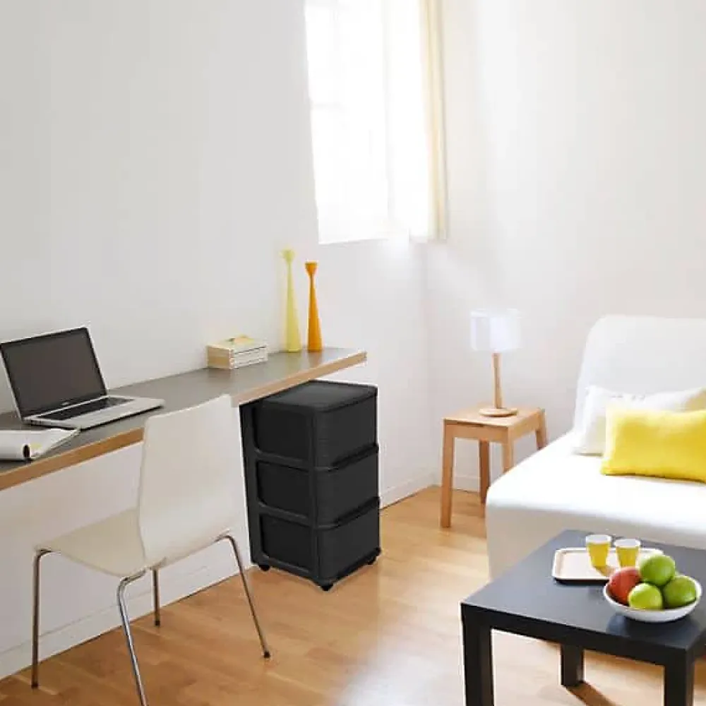 Meuble Buanderie|Eda Tour de rangement en plastique moderne 3 tiroirs - Noir