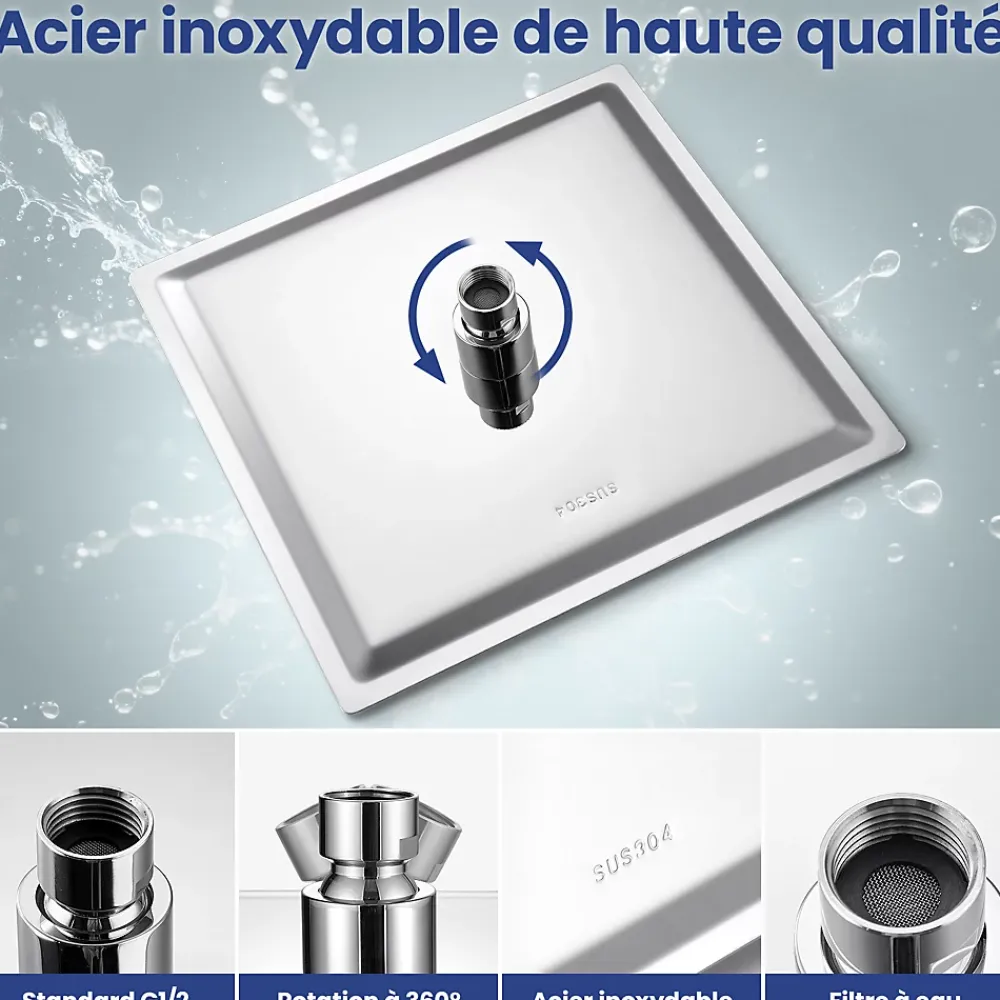 Pommeau De Douche, Flexible Et Barre De Douche|Sofetiy Max Tête de douche Inox Carrée 25cm Kit de douche