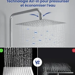 Pommeau De Douche, Flexible Et Barre De Douche|Sofetiy Max Tête de douche Inox Carrée 25cm Kit de douche