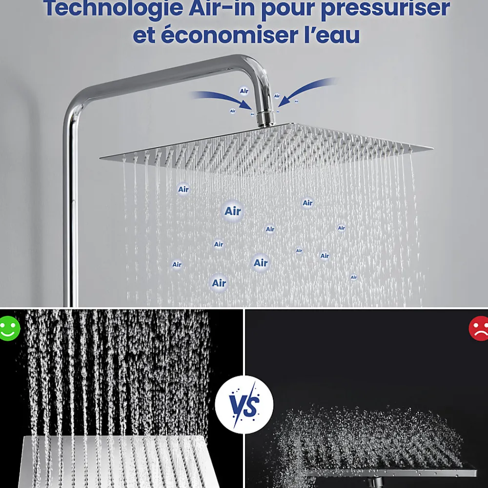 Pommeau De Douche, Flexible Et Barre De Douche|Sofetiy Max Tête de douche Inox Carrée 25cm Kit de douche