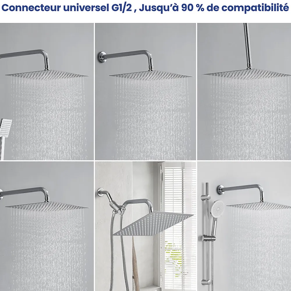 Pommeau De Douche, Flexible Et Barre De Douche|Sofetiy Max Tête de douche Inox Carrée 25cm Kit de douche