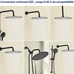 Pommeau De Douche, Flexible Et Barre De Douche|Sofetiy Max Tête de douche Inox Rond 30cm Kit de douche