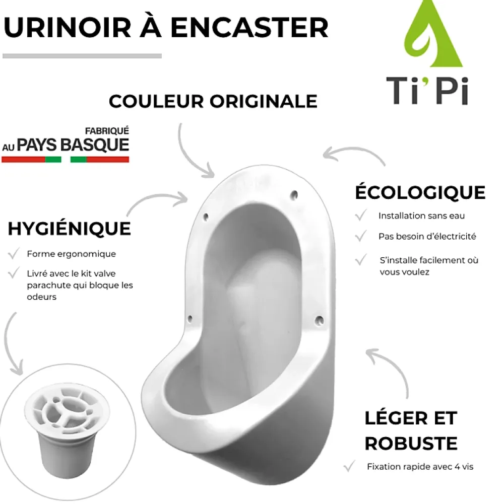 Ti'Pi Urinoir sans eau encastrable blanc + kit valve parachute + pack entretien